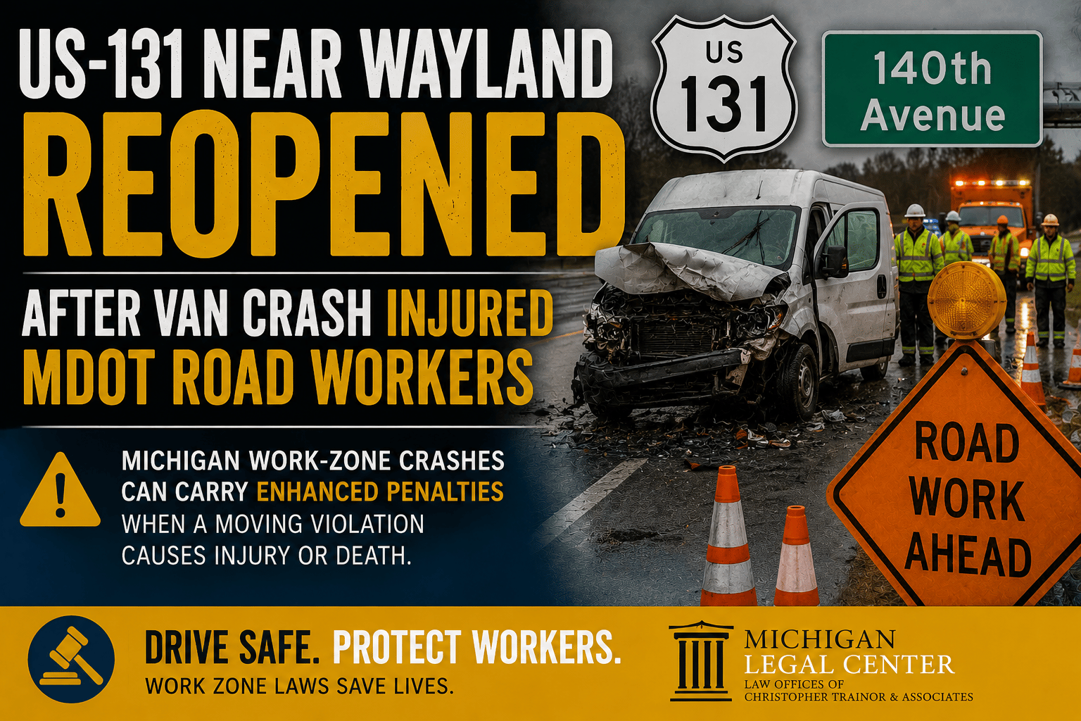 US-131 Reopens After Van Crash Injures Road Workers Near Wayland