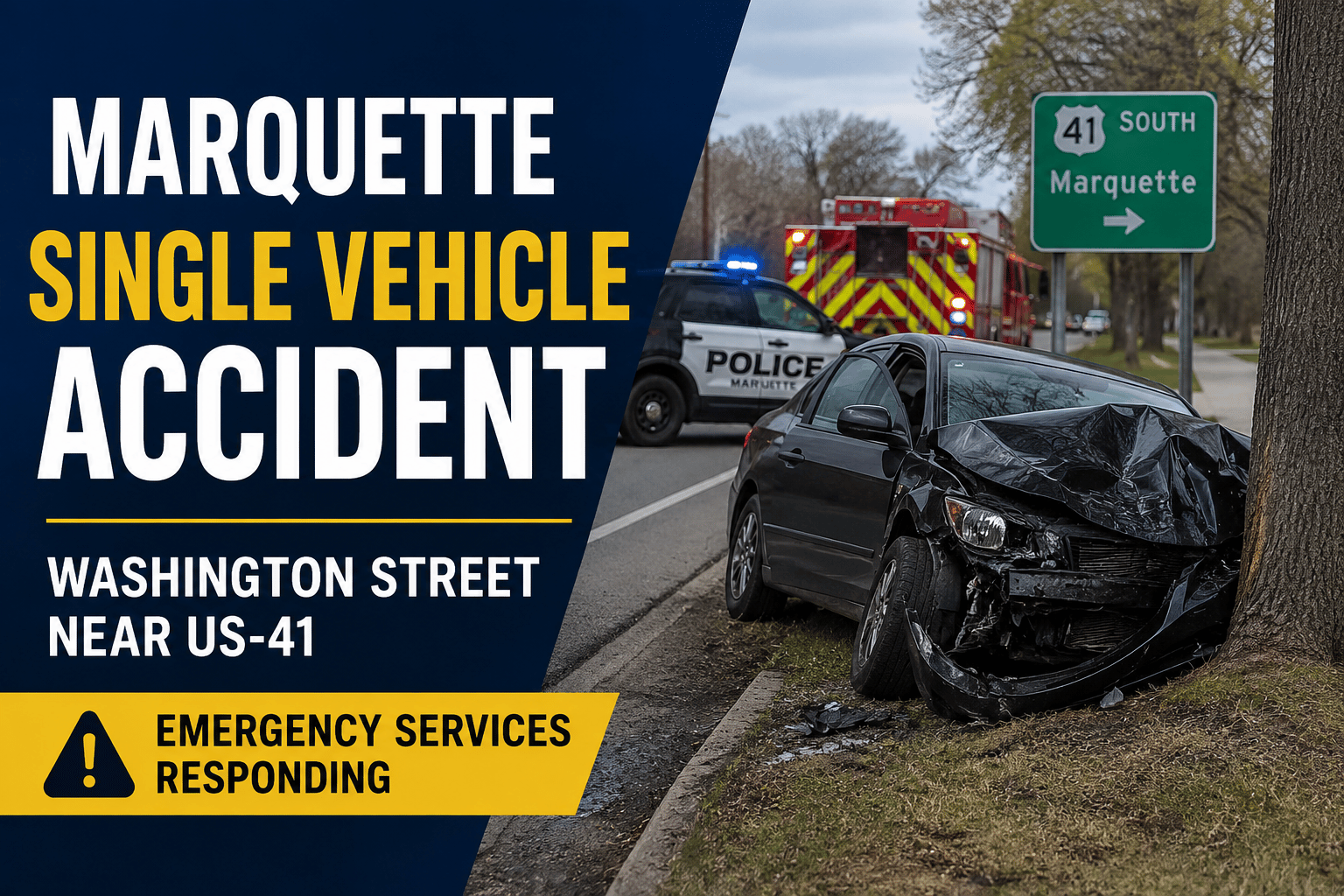 Single-Vehicle Crash Reported on Washington Street Near US-41 in Marquette