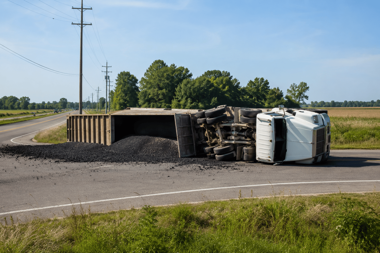 Semi overturns in Allegan County, spilling crushed asphalt along road