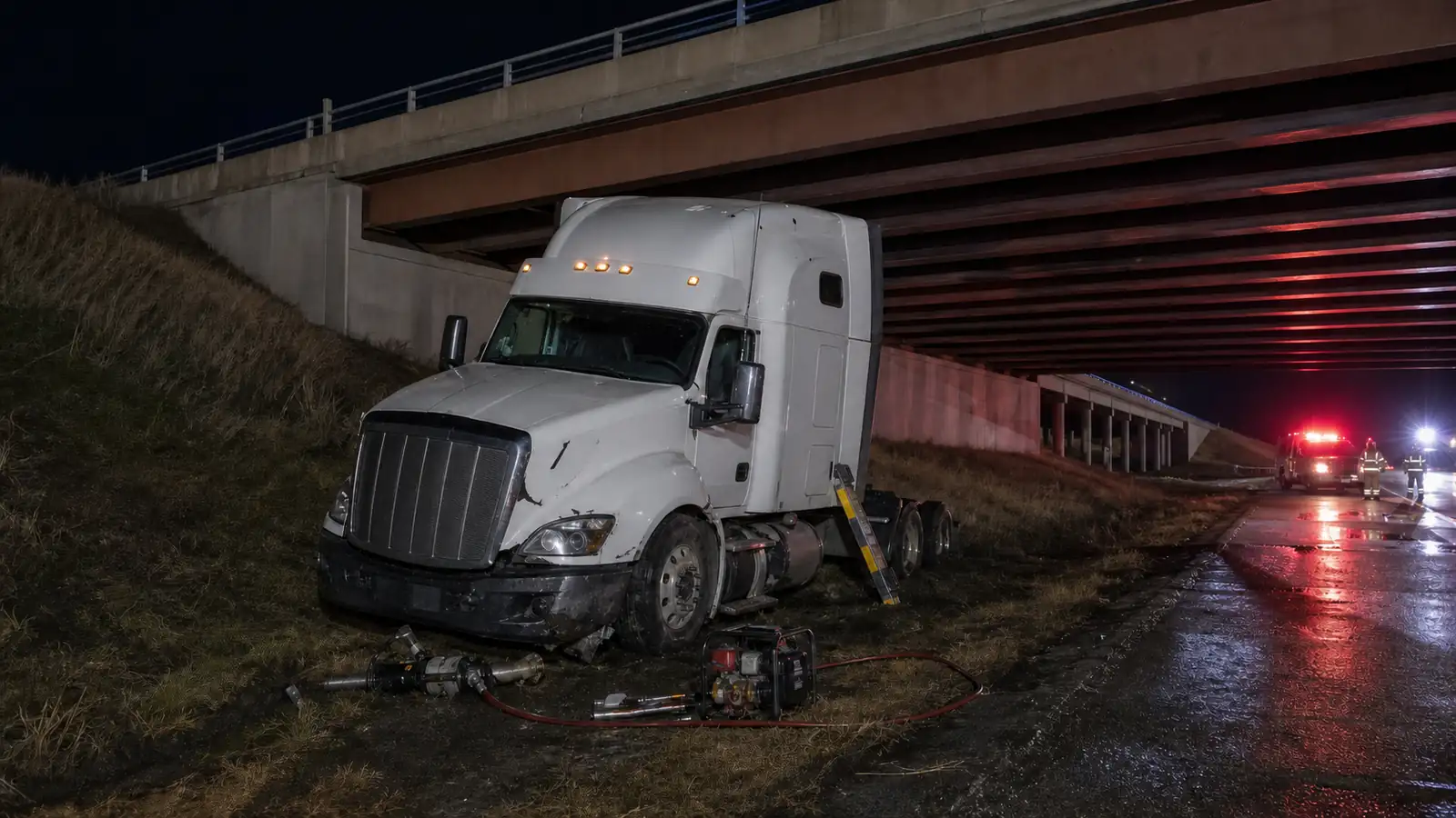 Firefighters rescue driver after semi crashes off I-69 overpass in Charlotte