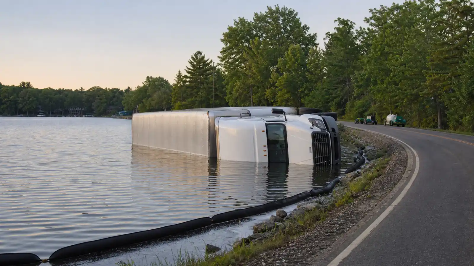 Semi-truck overturns into Pine Lake in West Bloomfield