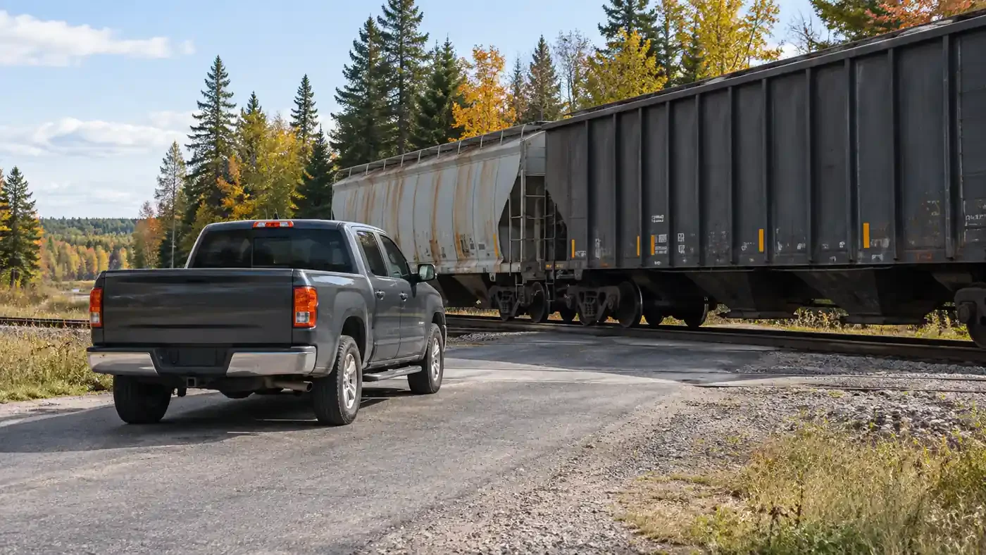 Two injured when pickup collides hits train